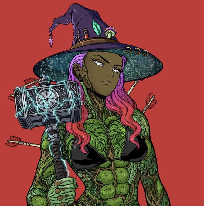 A colorful digital illustration of a green-skinned woman with pink hair wearing a large witch's hat and a leaf-textured outfit, holding a glowing, electricity-charged hammer against a red background.