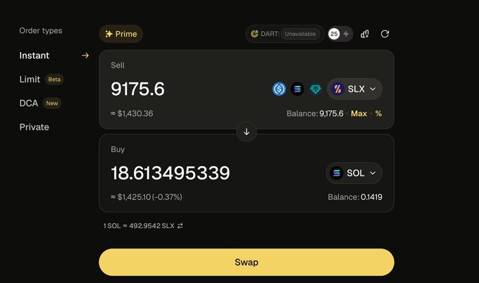 A cryptocurrency swap interface showing a sell order of 9,175.6 SLX (~$1,430.36) to buy 18.61 SOL, with 'Prime' and 'Instant' order options visible.