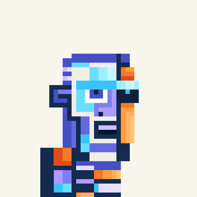 A pixel art character featuring a blue and purple color scheme with orange accents, depicted from the chest up against a cream background.