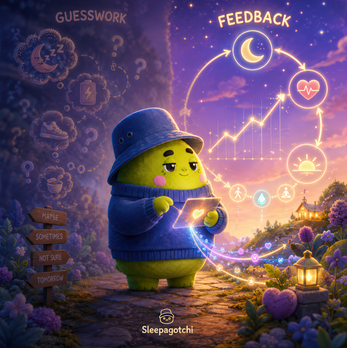 A cute green character in a blue sweater and bucket hat holds a glowing tablet on a twilight path, contrasting "GUESSWORK" (question marks, sleeping icons, and a signpost reading "Maybe, Sometimes, Not Sure, Tomorrow") on the left with "FEEDBACK" (a heart-rate chart and crescent moon icon) on the right. The scene visually reinforces the wellness message—replacing uncertainty about sleep and energy with data-driven insights—based on the Sleepagotchi branding at the bottom.
