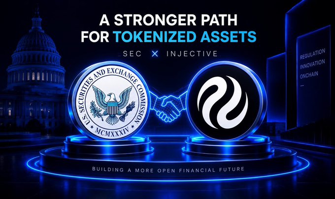 A promotional graphic titled 'A STRONGER PATH FOR TOKENIZED ASSETS' featuring the SEC and Injective logos shaking hands, with the tagline 'BUILDING A MORE OPEN FINANCIAL FUTURE' and words 'REGULATION INNOVATION ONCHAIN'.