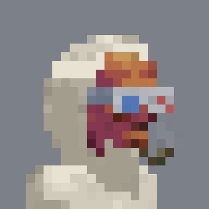 A pixel art CryptoPunk character featuring wild white/blonde hair, a beard, and smoking a pipe against a gray background.