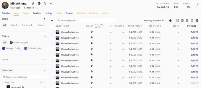 A screenshot of an NFT marketplace interface for user 'jdblacklng' showing a portfolio valued at $4,406.18 with 96 NFTs and 4% token ranking, displaying a list of 'House|Derivatives' items with floor prices around 94.7K USGD.