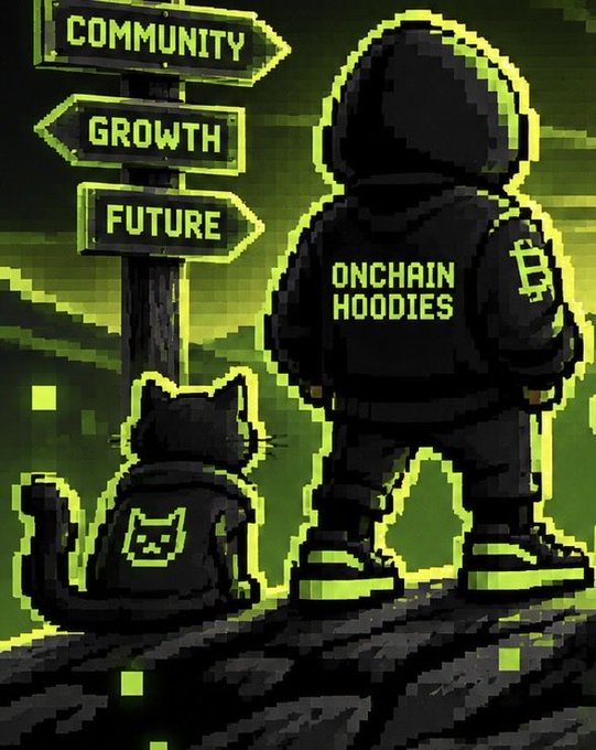 Pixel art illustration promoting "ONCHAIN HOODIES" featuring a hooded figure with a Bitcoin logo and a cat with a backpack, next to signs reading "COMMUNITY", "GROWTH", and "FUTURE".