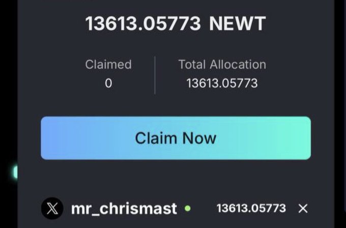 A claim interface showing '13613.05773 NEWT' total allocation with a 'Claim Now' button, attributed to user 'mr_chrismast'.