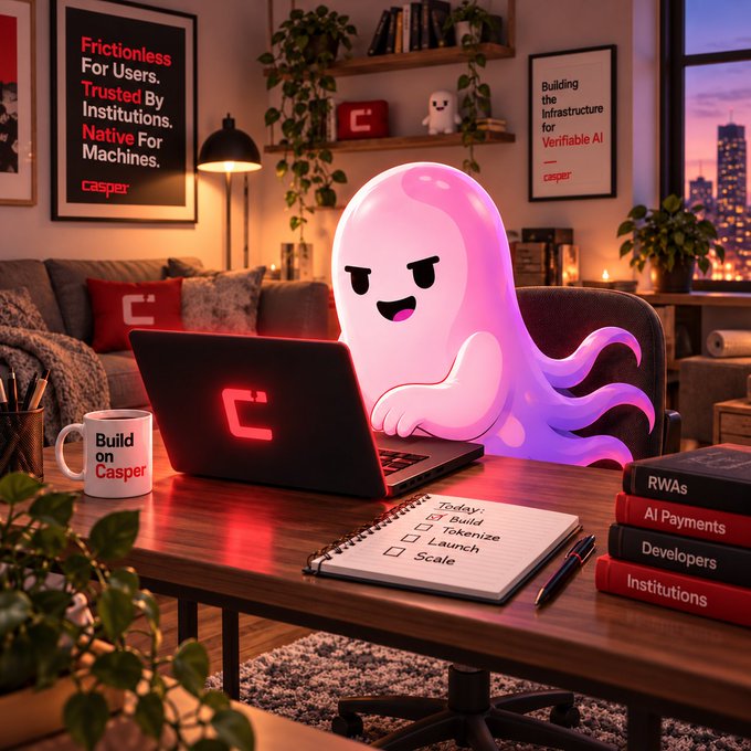 A digital illustration of a pink ghost character working on a laptop with a red 'C' logo, surrounded by books labeled 'RWAs', 'AI Payments', and 'Developers', and posters reading 'Build on Casper'.