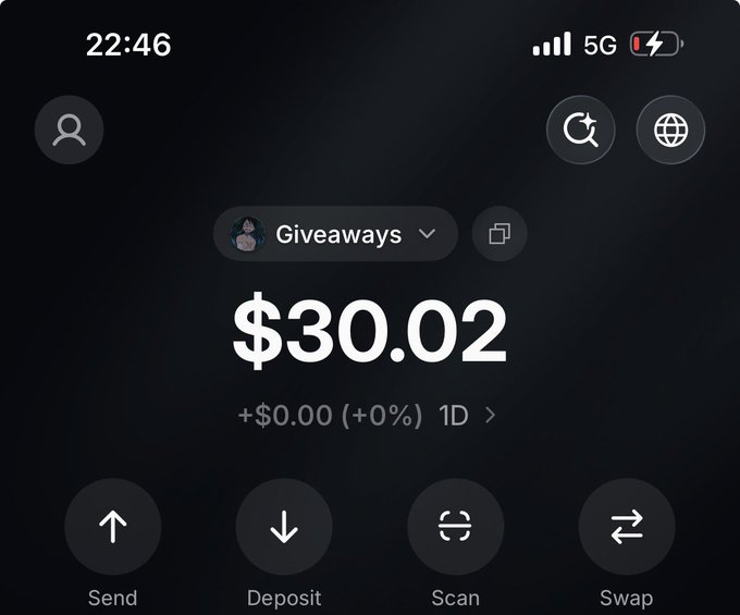 A screenshot of a crypto wallet app showing a "Giveaways" wallet balance of $30.02 (+$0.00, +0%) on a 1D interval, with Send, Deposit, Scan, and Swap options below. The image supports the giveaway post by displaying the exact amount being distributed as a "$30 stimmy" prize.