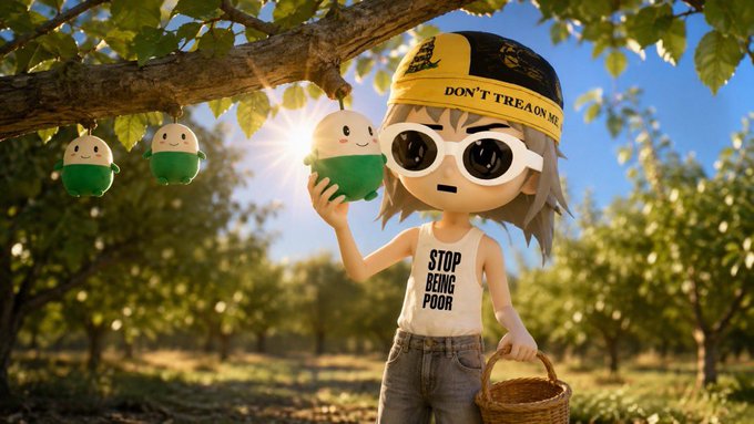 A 3D-rendered anime-style character wearing a yellow and black cap reading 'DON'T TREA(ME) M(O)', sunglasses, and a white tank top stating 'STOP BEING POOR', holding a wicker basket in an orchard with cute smiling fruit characters hanging from branches.