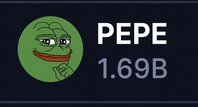 The image shows the classic Pepe the Frog meme with his iconic smug expression and hand gesture, alongside the text "PEPE" and a market cap of "1.69B" on a dark background, pairing the "feels good man" sentiment with Pepe's massive $1.69 billion valuation.