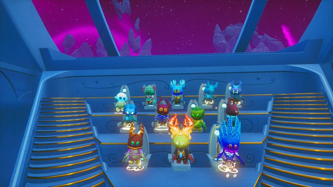 A vibrant blue spaceship interior filled with glowing, colorful alien creatures seated in rows of chairs against a cosmic backdrop.