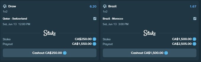 The image contains two posts on a social media platform, both about world cup slips on @Stake. The first post appears at the top of the screen, while the second one is located at the bottom left corner. Both posts highlight details such as cost, payment method, and a deadline for users to hit the target amount by a specific time (Saturday 10:00 PM). These posts could be related to someone's goal or strategy in completing their world cup slips on @Stake, possibly seeking advice from others who have already achieved this objective.