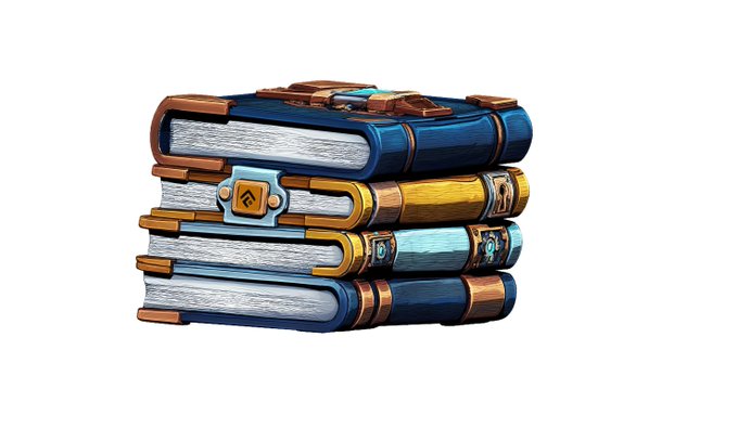 A 3D illustration of a stack of four fantasy-themed tomes with ornate bindings in blue, gold, and silver, featuring clasp designs and visible page edges.