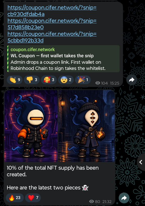 Telegram message screenshots containing links to coupon.cifer.network claiming WL Coupon — first wallet takes the snip with an admin drops coupon link, alongside an NFT update announcing 10% of the total NFT supply has been created featuring two hooded character illustrations.