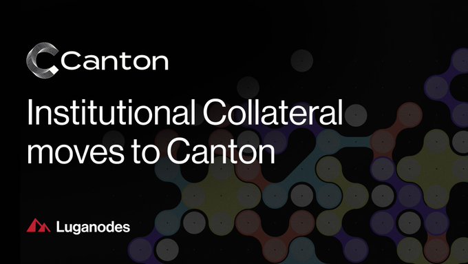 The image is a promotional graphic with a dark background featuring geometric lattice patterns in green, purple, and red hues. It displays the Canton logo at the top, the headline "Institutional Collateral moves to Canton," and the Luganodes logo with its triangular emblem at the bottom left. The graphic serves as a visual header for content announcing Luganodes' breakdown of Canton Network's latest institutional milestones, including tokenized money market fund collateral test trades and onchain sovereign bond repo settlement.
