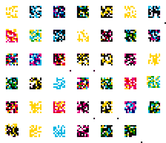 A grid of colorful pixelated square patterns arranged in rows on a white background, featuring various combinations of yellow, cyan, magenta, and black pixels.