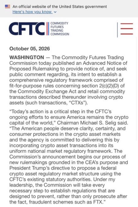 A CFTC press release dated October 05, 2026 about an Advanced Notice of Proposed Rulemaking for crypto asset regulation, featuring a quote from Chairman Michael S. Selig.