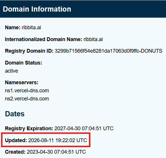 A domain information page for 'ribbita.ai' showing it as active with Vercel nameservers, with the 'Updated' date of 2026-08-11 highlighted in a red box.
