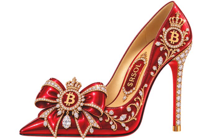 A red stiletto high heel shoe decorated with gold filigree, a large jeweled bow, a Bitcoin emblem, and the text '$RSOL' on the insole.
