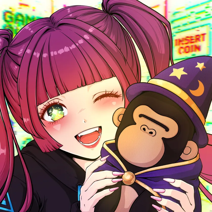 An anime-style illustration of a smiling girl with magenta twin-tails hugging a monkey plushie wearing a wizard hat, with an 'INSERT COIN' arcade machine in the background.