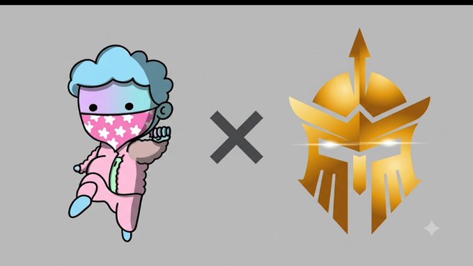 A graphic displays a cartoon character in a pink star mask alongside a golden Spartan-style helmet logo, separated by an 'x' symbol.