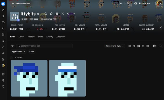 An OpenSea NFT collection page for 'ittybits' showing 637 items with a 5% creator fee, floor price of 0.036 ETH, displaying two pixel art alien characters with blue hats.