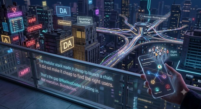 Futuristic cityscape advertisement for blockchain technology, showing skyscrapers labeled "DA" (Data Availability), "Sybil," "Settlement," "Sovereign Runtime," and "Nucleus: Routing Layer," with a hand holding a smartphone displaying a "Right Users" app and text praising @NucleusCodes.