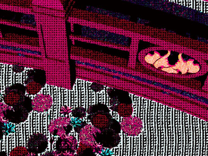 A close-up of a mixed-media artwork featuring a bright pink halftone pattern overlaid on black and white vertical stripes, with floral motifs and a small shell-like shape.
