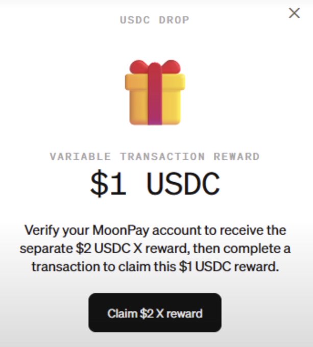 A "USDC DROP" popup from MoonPay shows a $1 USDC variable transaction reward with instructions to verify a MoonPay account to receive a separate $2 USDC X reward, illustrating the post's point that MoonPay's second wave of drops has become a low-value lottery to drive onboarding.