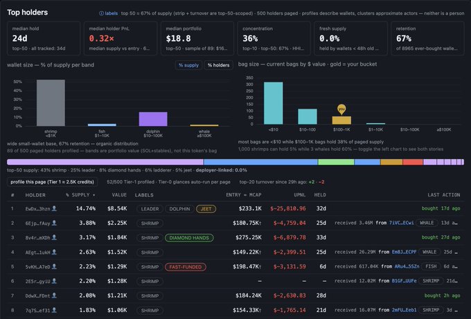 A dashboard titled 'Top holders' displays token analytics including median hold of 24d, median PnL of 0.32%, concentration of 36%, and a leaderboard of top holders (Eabx, 6Ejp, Bv4r) with their supply percentages and profits, showing UPNL values around -$25,818 and -$4,759.