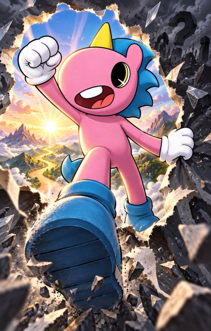 A vibrant pink unicorn-like character bursts through a shattered wall with a determined fist raised, symbolizing breakthrough and resilience. The image embodies the post's message of overcoming obstacles and fighting through challenges, with the powerful figure representing the strength and opportunity the $UFD community promises to provide.
