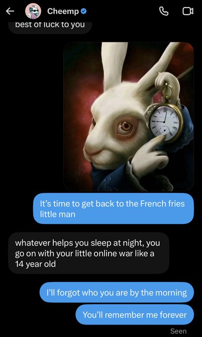 A screenshot of an iMessage conversation with 'Cheemp' featuring the White Rabbit from Alice in Wonderland, discussing a return to 'the French fries.'