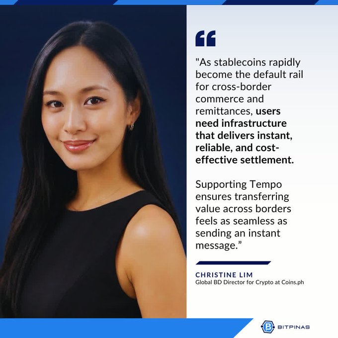 Quote graphic featuring Christine Lim, Global BD Director for Crypto at Coins.ph, discussing stablecoins for cross-border commerce, published by BitPinas.