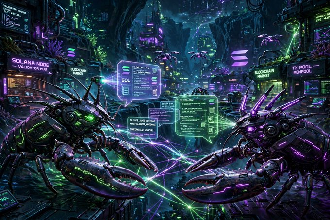 Cyberpunk-style digital artwork featuring mechanical lobster-like creatures facing off in a neon-lit cityscape with holographic Solana and blockchain-related text overlays.