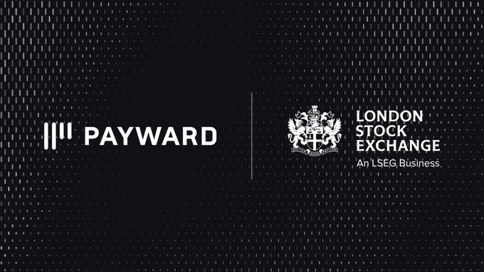 The image displays the logos of Payward and the London Stock Exchange (LSEG Business) side by side on a dark background, visually representing their partnership announced in the post to tokenize major UK equities via the xStocks suite on LSE 24.