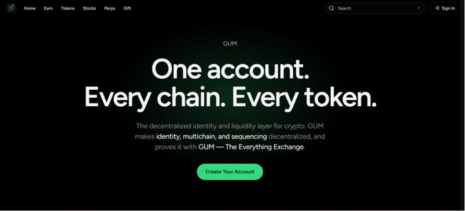 A webpage screenshot for GUM cryptocurrency promoting 'One account. Every chain. Every token' as a decentralized identity and liquidity layer for crypto.