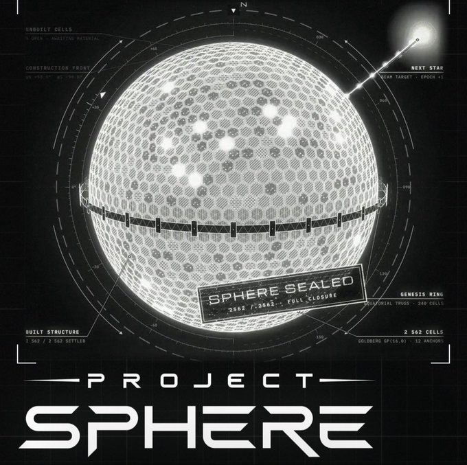 A technical schematic-style image displays a wireframe Dyson sphere with a "SPHERE SEALED - 2562 / 2562 - FULL CLOSURE" stamp and labels including "GENESIS RING," "BUILT STRUCTURE," and "NEXT STAR," promoting the "Project Sphere" NFT collection inspired by humanity's pursuit of becoming a Type II civilization capable of harnessing stellar energy.