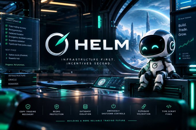 Promotional graphic for 'HELM' featuring a futuristic robot mascot and the tagline 'INFRASTRUCTURE FIRST. INCENTIVES SECOND,' highlighting features like Copy Trading Recovery and Emergency Shutdown Controls.