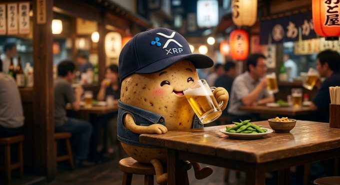 An illustrated scene of an anthropomorphic potato character wearing an XRP cap and denim vest, cheerfully drinking a mug of beer at a wooden counter in a Japanese-style izakaya, with edamame on the table and patrons dining in the background.