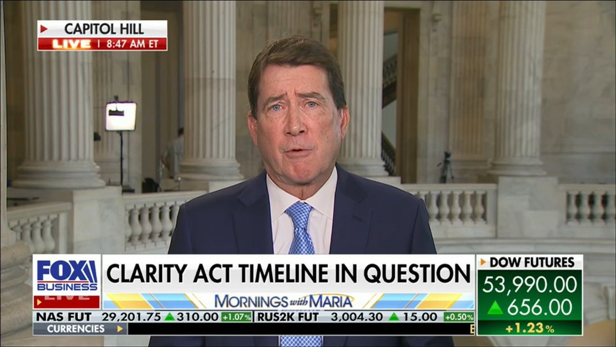 A Fox Business "Mornings with Maria" broadcast shows a reporter live from Capitol Hill, with the chyron reading "CLARITY ACT TIMELINE IN QUESTION," while Dow Futures display at 53,990.00 (+656.00, +1.23%) and NASDAQ Futures at 29,201.75 (+1.07%), tying into Senator Bill Hagerty's call to pass the Clarity Act.