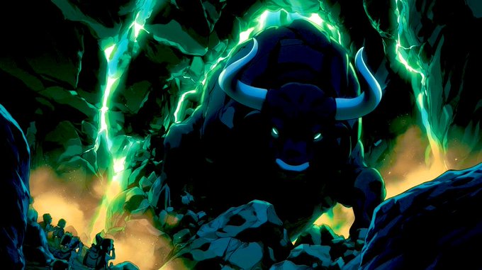 A massive, ominous bull with glowing cyan eyes and horns emerges from dark, jagged terrain surrounded by eerie green flames. The image's intimidating, powerful bull visually symbolizes the bold and unusual narrative of crypto influencer @blknoiz06 staking his identity on the Ansem project, conveying the dramatic and unconventional nature of this crypto venture.