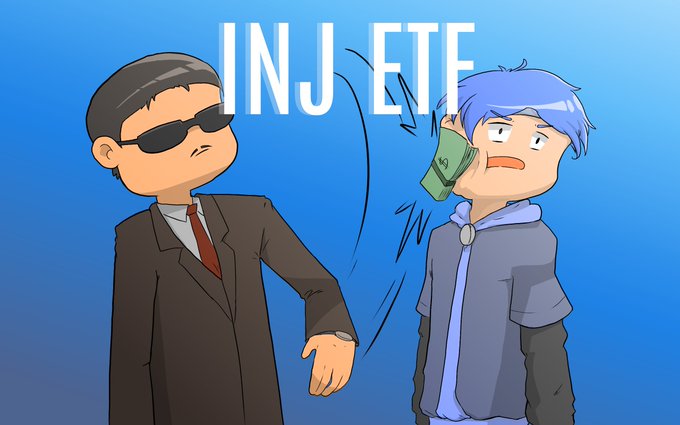 An anime-style meme illustration showing a man in a suit and sunglasses slapping a shocked blue-haired character who is catching flying money, with 'INJ ETF' displayed in large text above them.