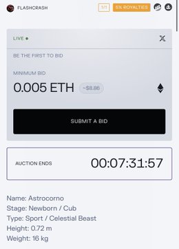 A Flashcrash NFT auction page showing a live bid of 0.005 ETH on an 'Astrocorno' asset (Newborn/Cub, Sport/Celestial Beast, 0.72m, 16 kg) with 00:07:31:57 remaining.