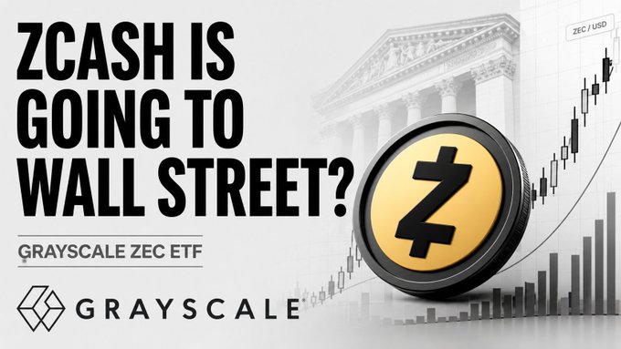 A promotional graphic asking 'ZCASH IS GOING TO WALL STREET?' featuring a gold Zcash coin, stock chart imagery, and the Grayscale logo alongside 'GRAYSCALE ZEC ETF'.