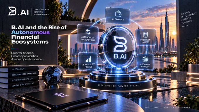 A futuristic promotional graphic for 'B.AI and the Rise of Autonomous Financial Ecosystems,' showing glowing icons for AI Payments, Autonomous Transactions, and Decentralized Finance orbiting a central 'B.AI' logo.