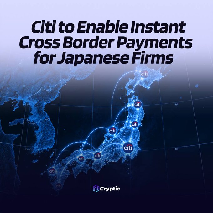 A promotional graphic featuring a blue-tinted map of Japan overlaid with Citi logos connected by glowing arcs, headlined "Citi to Enable Instant Cross Border Payments for Japanese Firms," with the "Cryptic" branding at the bottom—visually illustrating Citi's launch of blockchain-based tokenized deposit services for round-the-clock cross-border payments.
