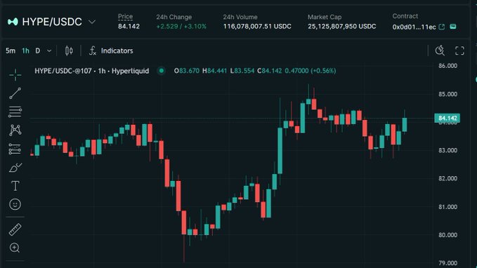 A 1-hour candlestick chart for HYPE/USDC on Hyperliquid shows the price at $84.142, having dipped to around $79-80 before recovering—a level the poster is calling a permanent bottom on the way to $100.