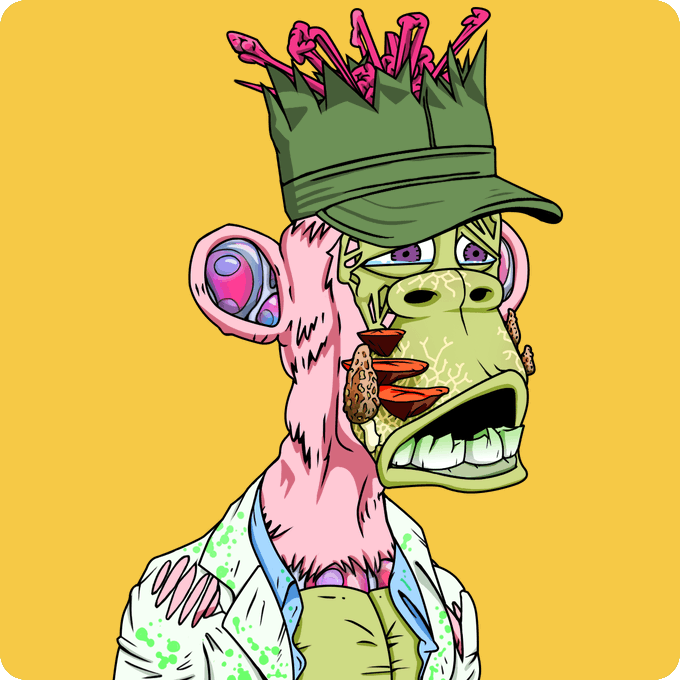 A colorful cartoon illustration of a mutated, zombie-like monkey NFT character wearing a green "POND" cap, featuring fungi growing on its head and a cracked, decayed face against a yellow background.