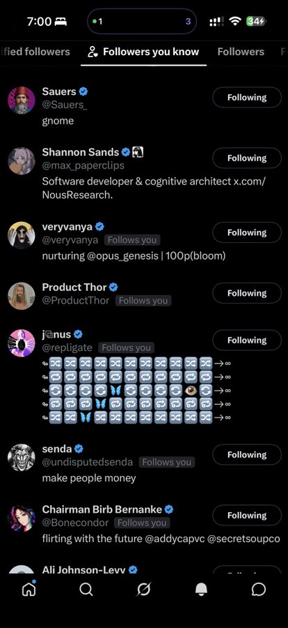 Twitter 'Followers you know' list showing accounts like Sauers, Shannon Sands, and Product Thor.