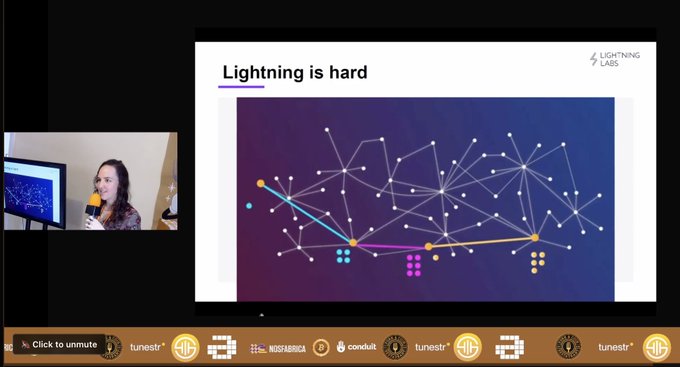 A video presentation features a slide titled 'Lightning is hard' from Lightning Labs, showing a network graph visualization with connected nodes, while a female presenter appears in a small camera window on the left.