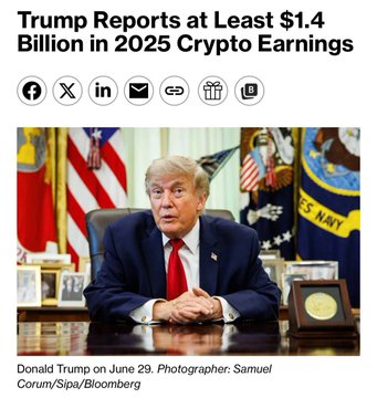This image shows Donald Trump with text stating he reported at least $1.4 billion in 2025 crypto earnings, relating directly to the accompanying post's breakdown of his claimed profits from various crypto and memecoin ventures.